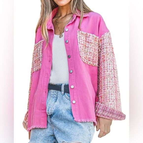 EUC And The Why Pink Tweed Raw Hem Drop Shoulder Denim Shacket Jacket - Size 8 - Picture 6 of 10